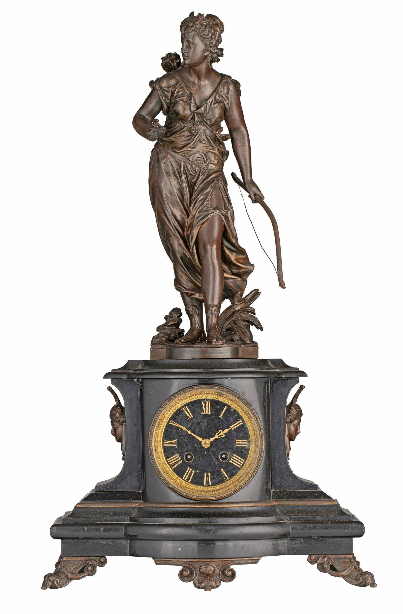 A Napoleon III marble mantle clock, with a patinated bronze Diana on top, signed Bouret, H 60 cm (1 of 11)