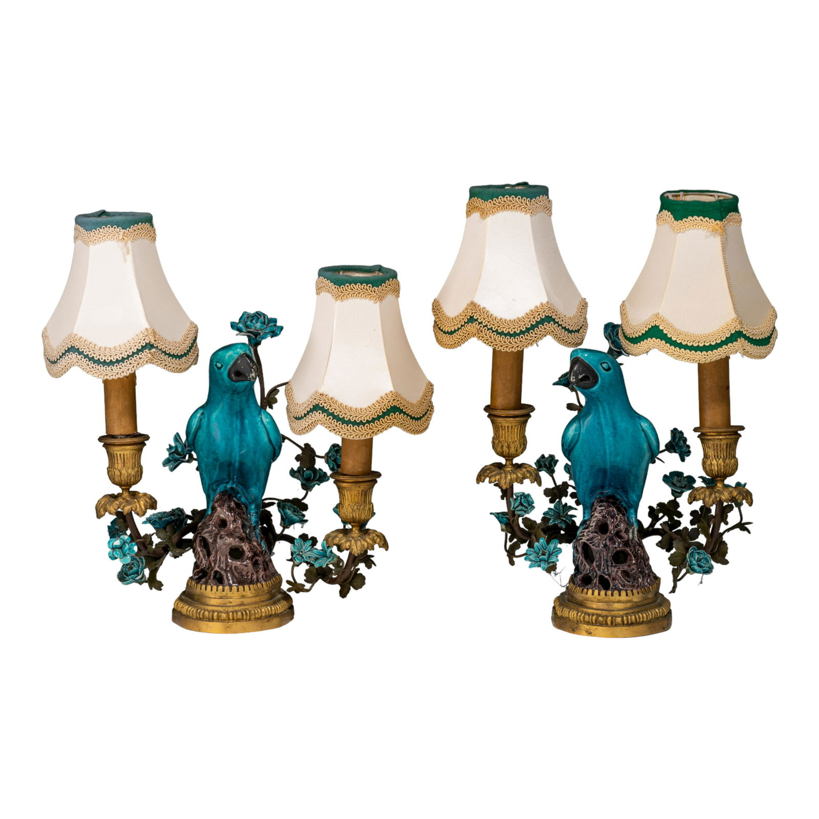 A pair of table lamps, brass-mounted porcelain parrots, marked Samson, late 19thC, H 26 - 28 cm (1 of 12)