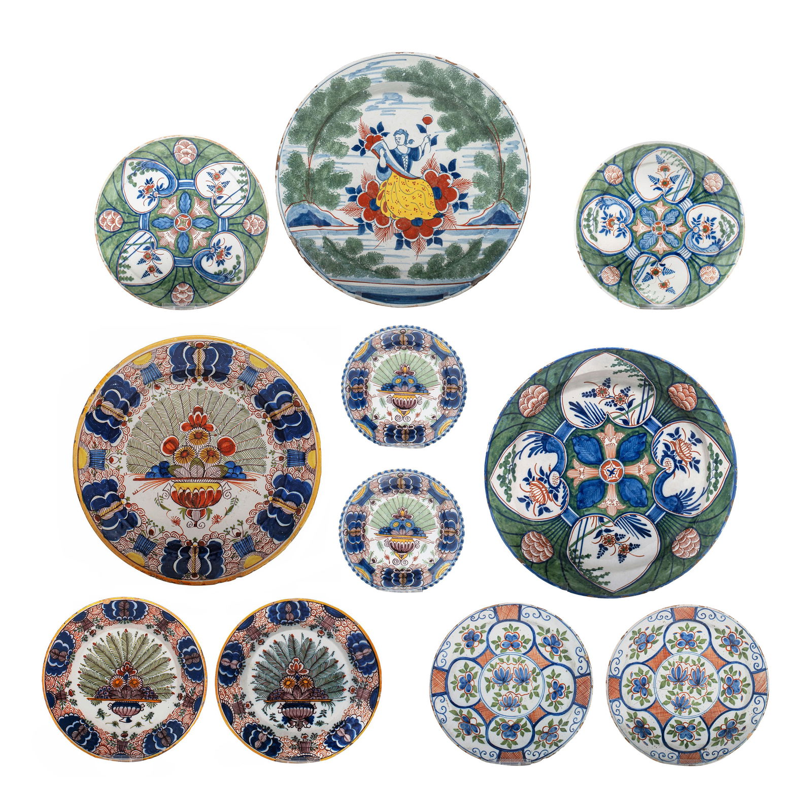 A various collection of eleven 18thC polychrome Dutch Delft dishes, ø 16,5 - 34,5 cm (1 of 15)