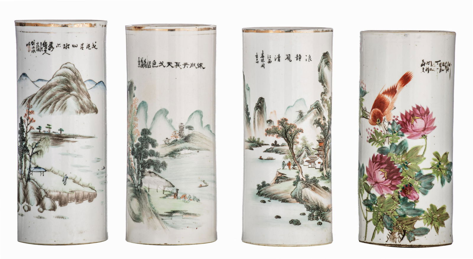 A collection of four Chinese Qianjiangcai cylindrical vases, each with a signed text, Republic (1 of 7)