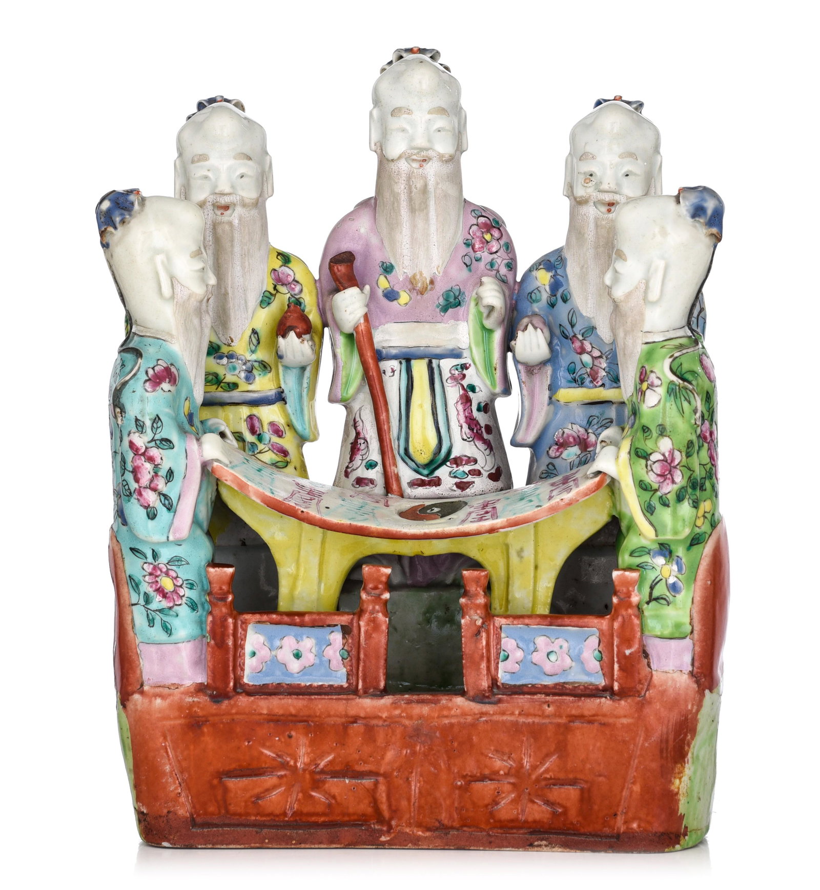 A Chinese famille rose porcelain group depicting five standing sages, Jiaqing period, H 24,5 cm (1 of 7)