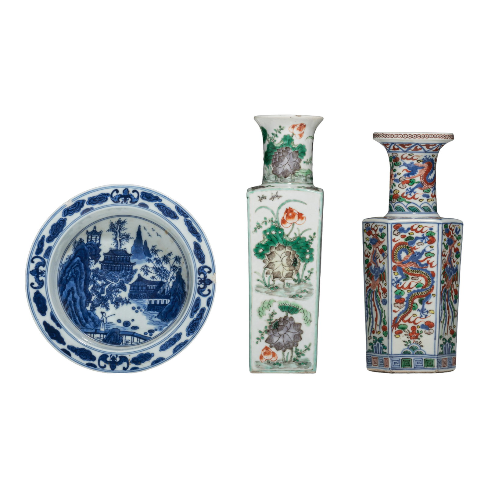 A Chinese famille verte fang hu vase, a wucai vase, blue and white small basin, all marked, 19thC (1 of 12)