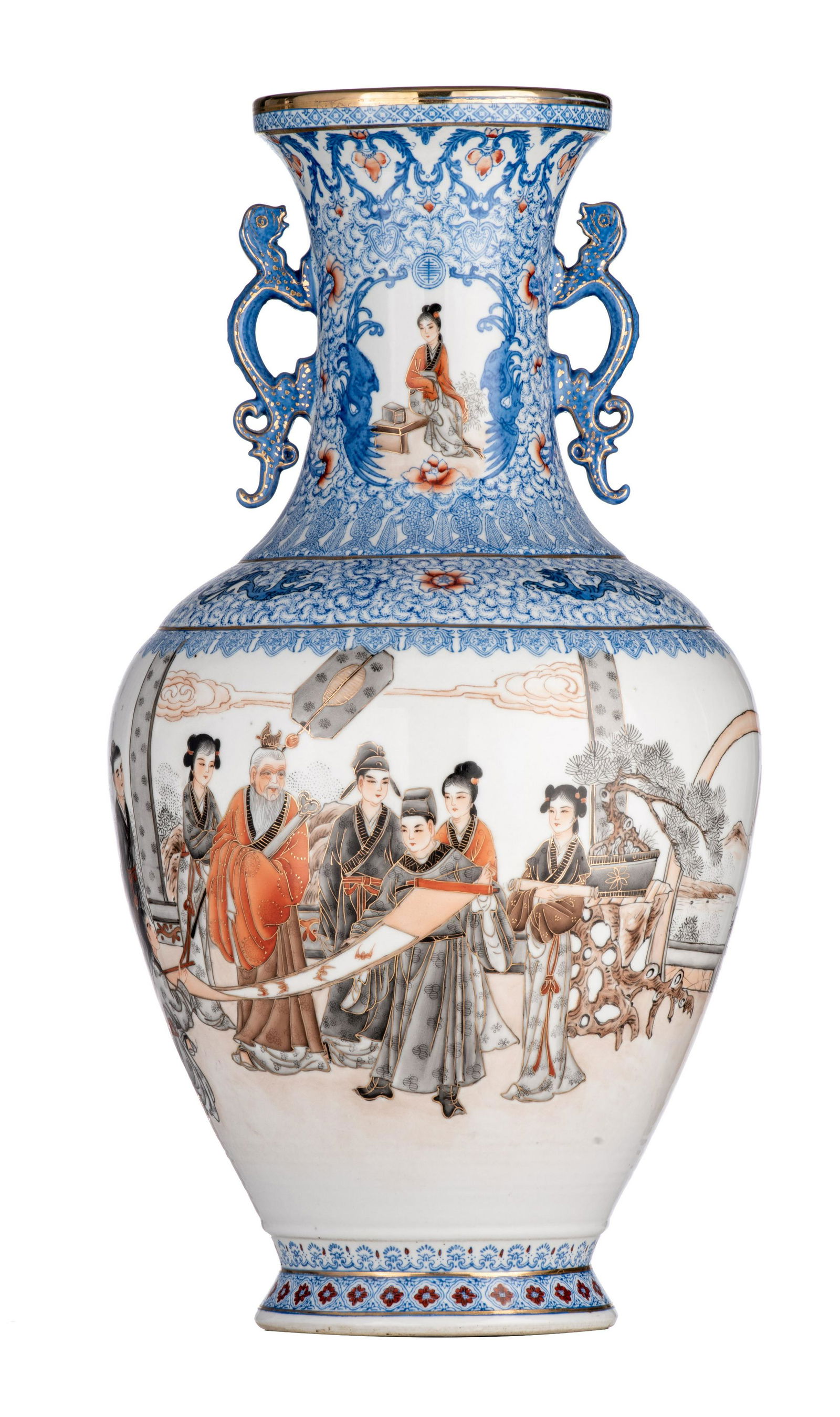 A Chinese polychrome decorated Hu vase, paired with dragon handles, with a Qianlong mark, 20thC, H (1 of 8)