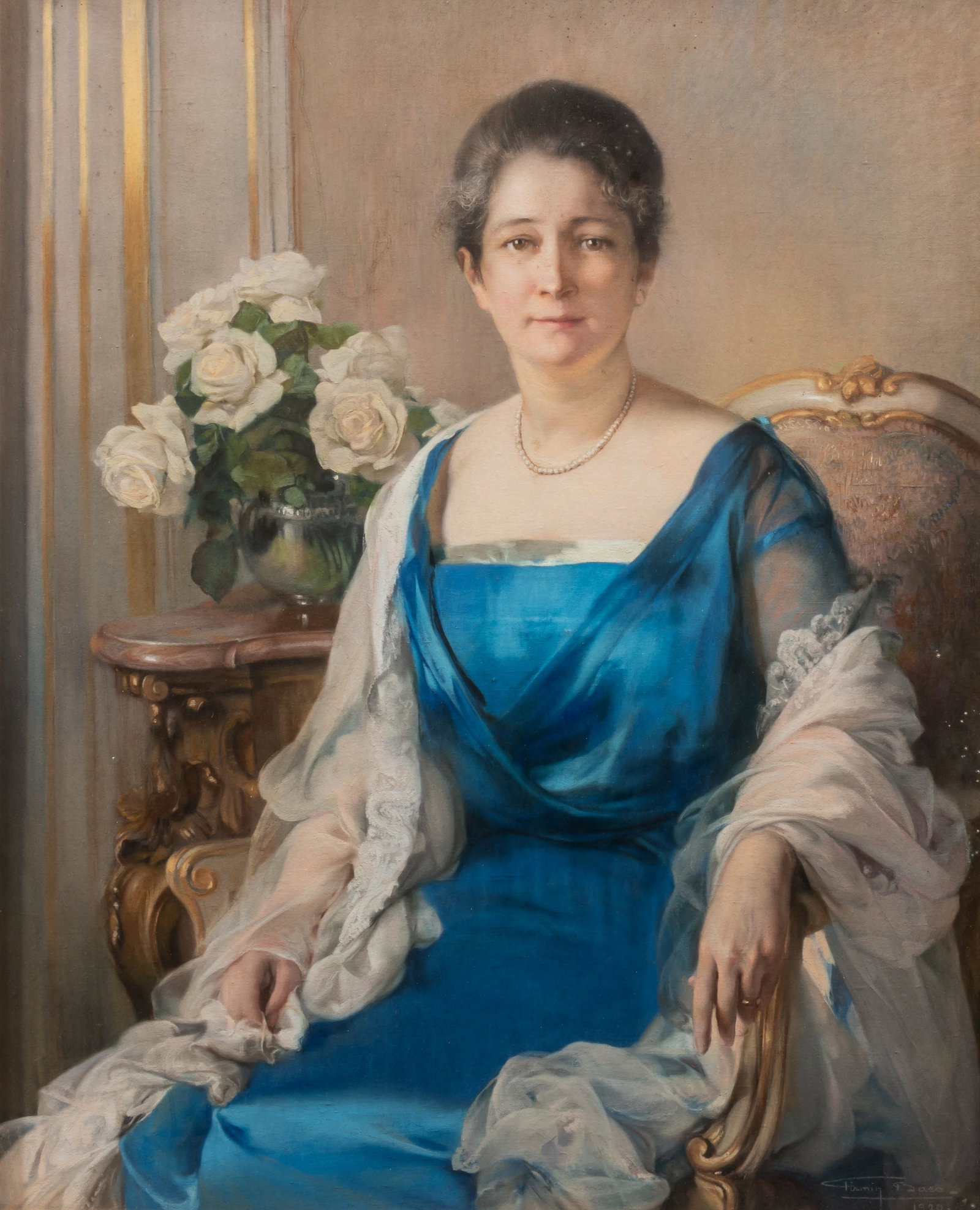 Firmin Baes (1874-1944), portrait of Madam Brand Whitlock, ambassador of the USA in Belgium, 1920,: Firmin Baes (1874-1944), portrait of Madam Brand Whitlock, ambassador of the USA in Belgium, 1920, pastelSigned and dated tot he bottom right corner.A label to the back of the 'Societe Royale des Beau