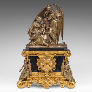 A Louis Philippe bronze mantle clock, after a model by Jean-Jacques Feuchere, mid 19thC, H 56 cm: A Louis Philippe bronze mantle clock, after a model by Jean-Jacques Feuchere, mid 19thC, H 56 cmBlack marble with gilt and patinated bronze mount.A similar item is part of the MET collection: a href=&