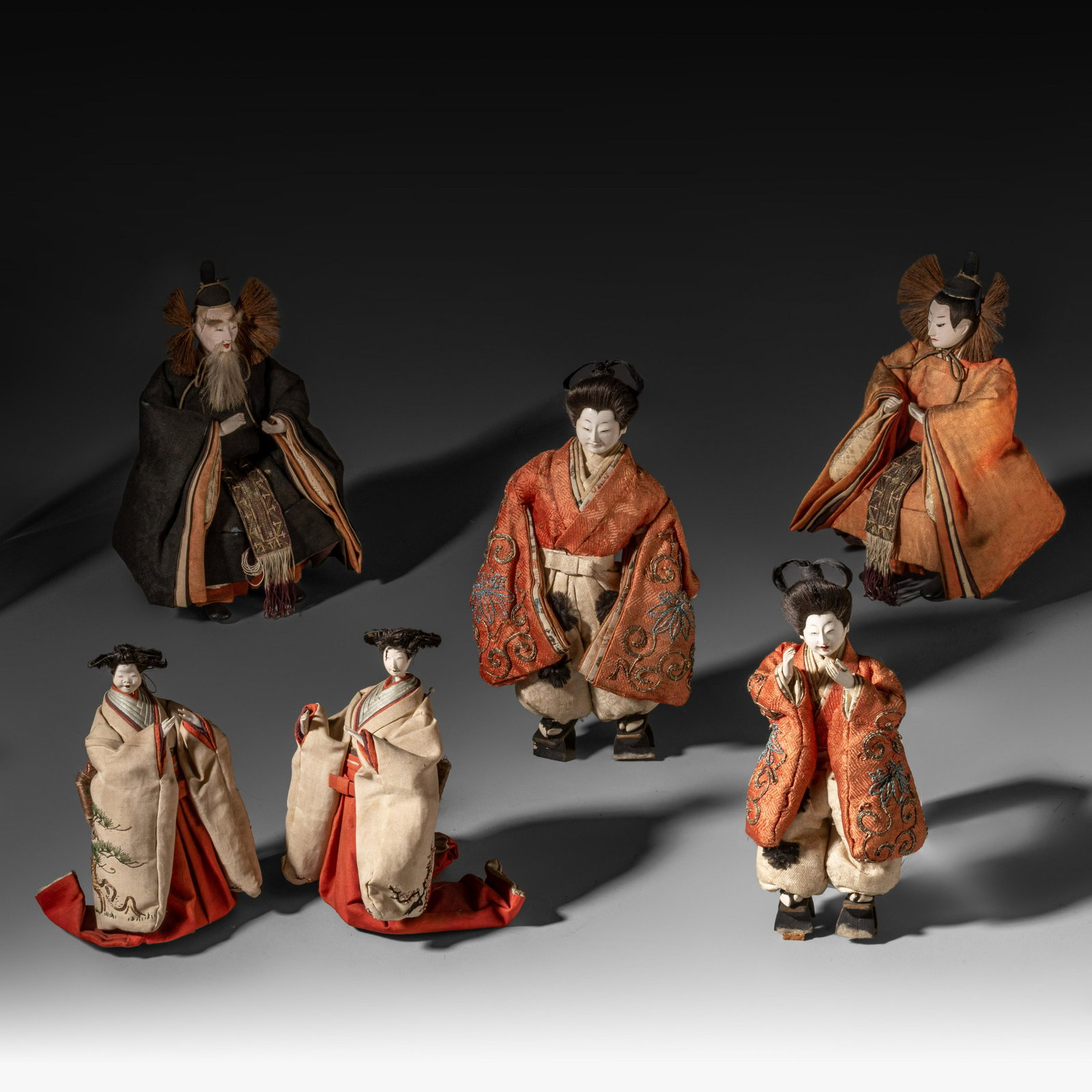 Three pairs of Japanese presumably Sandai Ningyo court dolls, late Edo/Meiji period, tallest H 23 cm (1 of 14)
