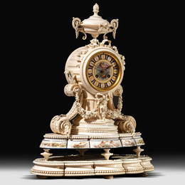 A delicately shaped and sculpted unique Nap. III period neoclassical ivory mantle clock, H 50 - W