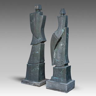 Two important garden sculptures by Hubert Minnebo (1940), patinated bronze on Belgian bluestone, H: Two important garden sculptures by Hubert Minnebo (1940), patinated bronze on Belgian bluestone, H 183 - 195 cmThe smaller one titled 'Zijn houding compenseerde talrijke spanningen', the larger one 'O