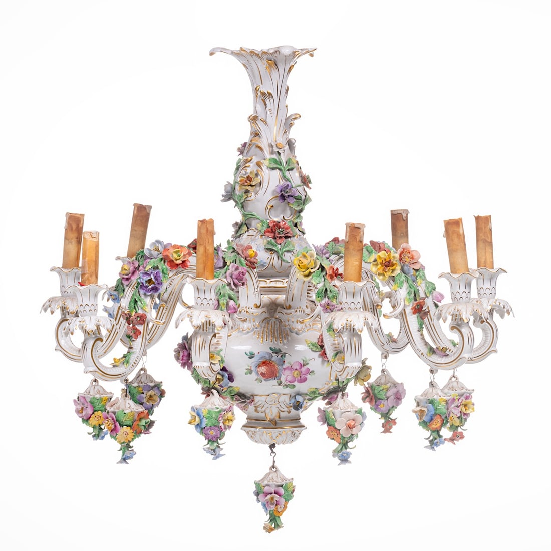 A polychrome Saxony porcelain 9-armed chandelier in Rococo style, with floral decoration, H 70 cm: A polychrome Saxony porcelain 9-armed chandelier in Rococo style, with floral decoration, H 70 cm