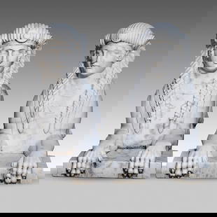 An imposing pair of Carrara marble garden sculptures of sphinxes, H 85 - W 150 cm: An imposing pair of Carrara marble garden sculptures of sphinxes, H 85 - W 150 cm