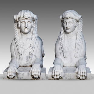 An imposing pair of Carrara marble garden sculptures of sphinxes, H 85 - W 150 cm: An imposing pair of Carrara marble garden sculptures of sphinxes, H 85 - W 150 cm