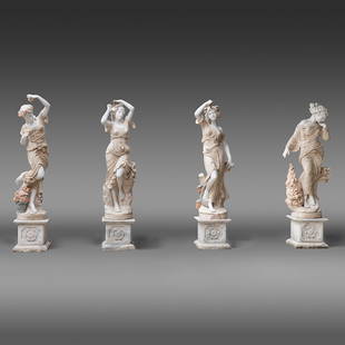 A set of four garden sculptures of the 'Four Seasons', various types of marble, H ca. 205 cm: A set of four garden sculptures of the 'Four Seasons', various types of marble, H ca. 205 cm