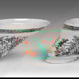 A Chinese famille verte 'Exotic Garden' tea bowl, Kangxi period, dia 9,6 - H 6,1 cm: A Chinese famille verte 'Exotic Garden' tea bowl, Kangxi period, dia 9,6 - H 6,1 cmA Chinese famille verte 'Exotic Garden' tea bowl, decorated with a garden including banana and tobacco leaves and flo