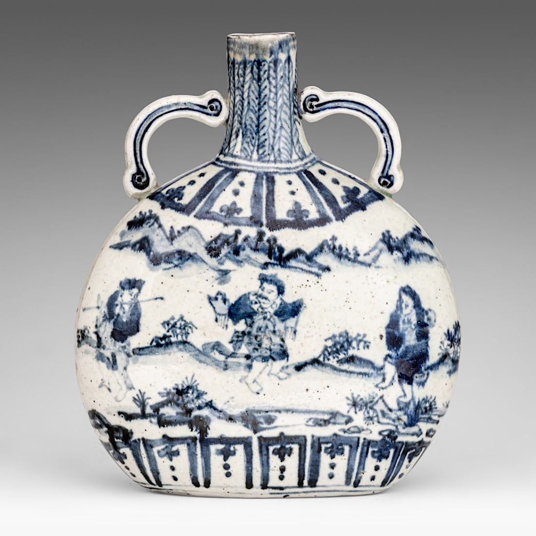 A Chinese blue and white 'Figural' moonflask, H 28 cm: A Chinese blue and white 'Figural' moonflask, H 28 cmA Chinese blue and white 'Figural' moonflask, H 28 cm
