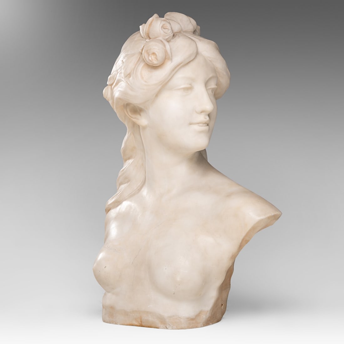 Jef Lambeaux (1852-1908), the bust of a nude Flora, Carrara marble, H 50 cm: Jef Lambeaux (1852-1908), the bust of a nude Flora, Carrara marble, H 50 cmSigned on the back of the shoulder.