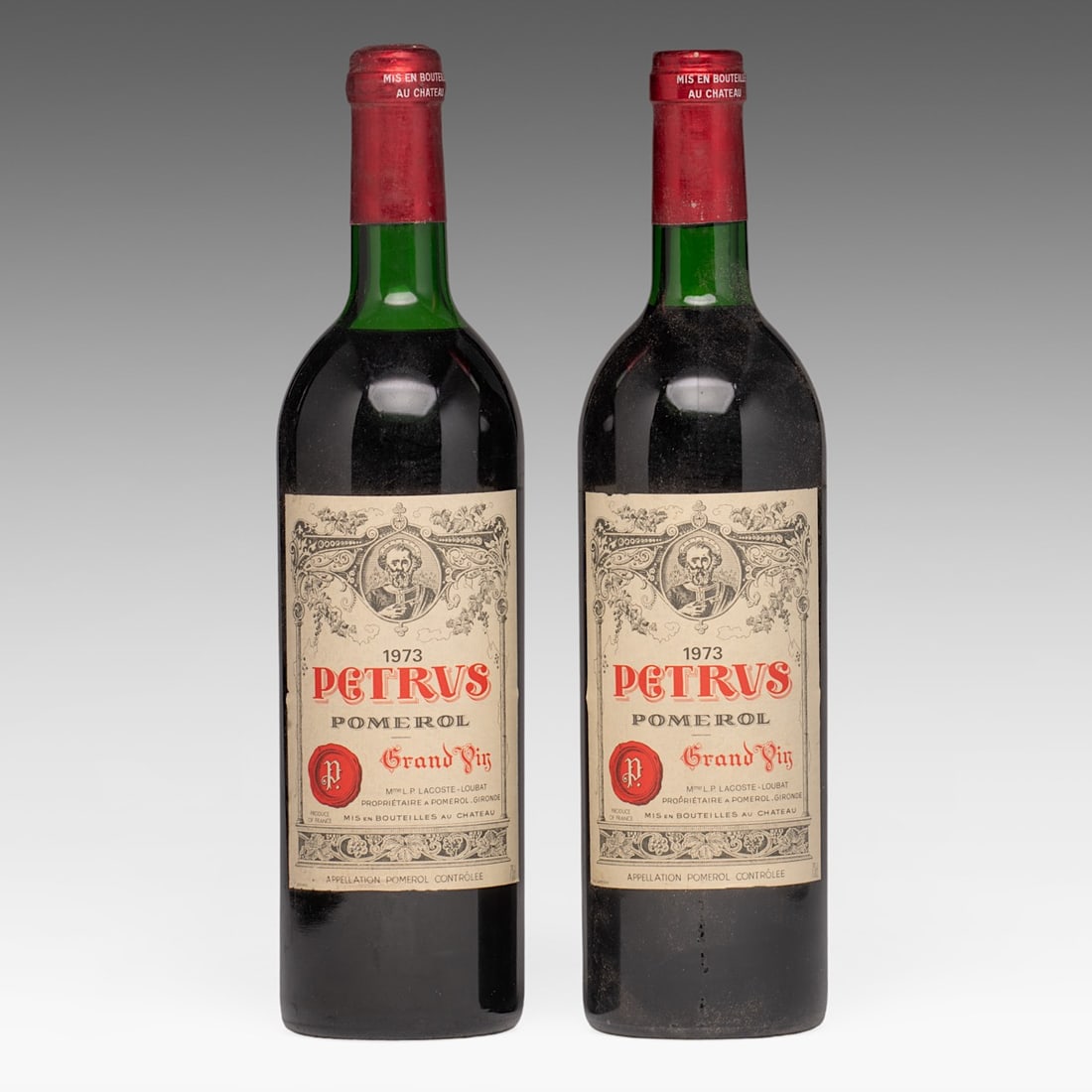 Two bottles of Petrus Pomerol, Grand Vin, MMe L.P. Lacoste - Loubat, 1973: Two bottles of Petrus Pomerol, Grand Vin, MMe L.P. Lacoste - Loubat, 1973