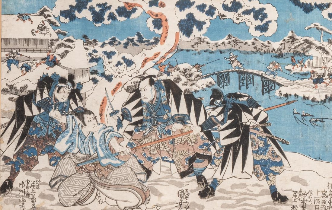 Utagawa Kuniyoshi, "the treasury with loyal ronin", probably ca. 1835, oban (yoko-e), framed 60 x: Utagawa Kuniyoshi, "the treasury with loyal ronin", probably ca. 1835, oban (yoko-e), framed 60 x 47,5 cm (+) Signed Ichiyusai Kuniyoshi ga, depicting a scene from the 11th act of the kabuki