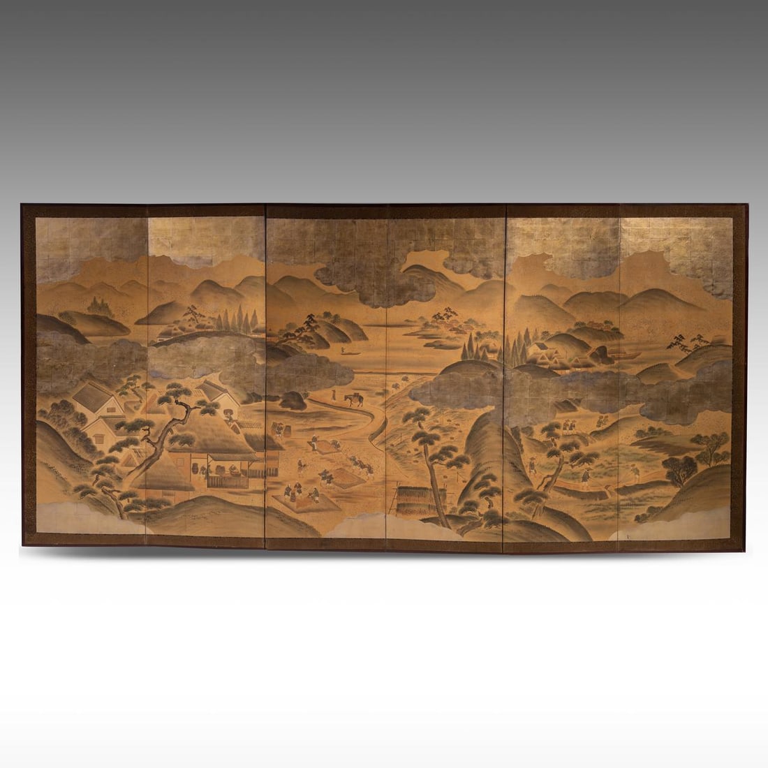 Japanese folding screen with a mountainous landscape, late Meiji period/Taisho period, total W 373,8: Japanese folding screen with a mountainous landscape, late Meiji period/Taisho period, total W 373,8 cm (2 x 63,7 cm, 4 x 61,6 cm); H 172,3 cm Large six-panel byobu with a detailed genre painting on g