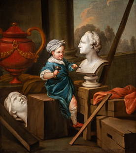 Attributed to Carle Van Loo (1705-1765), 'Sculpture', oil on canvas 95 x 88 cm. (37.4 x 34.6 in.),: Attributed to Carle Van Loo (1705-1765), 'Sculpture', oil on canvas No visible signature, attributed to Carle Van Loo, an allegory of one of the seven arts: sculpture, oil on canvas, 88 x 95 cm 95 x