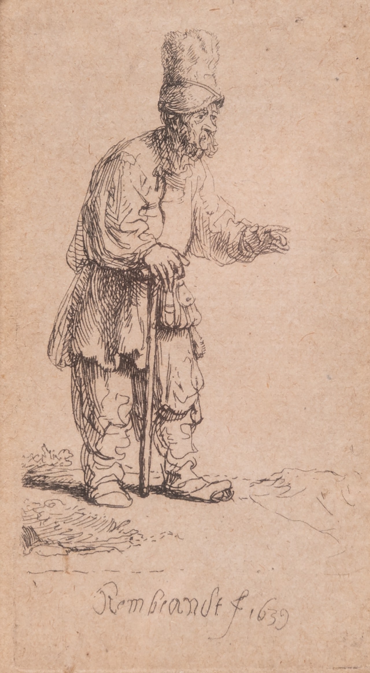 Rembrandt (1606/07-1669), etching 'A Peasant in a High Cap, Standing Leaning on a Stick' (1639), (1 of 5)