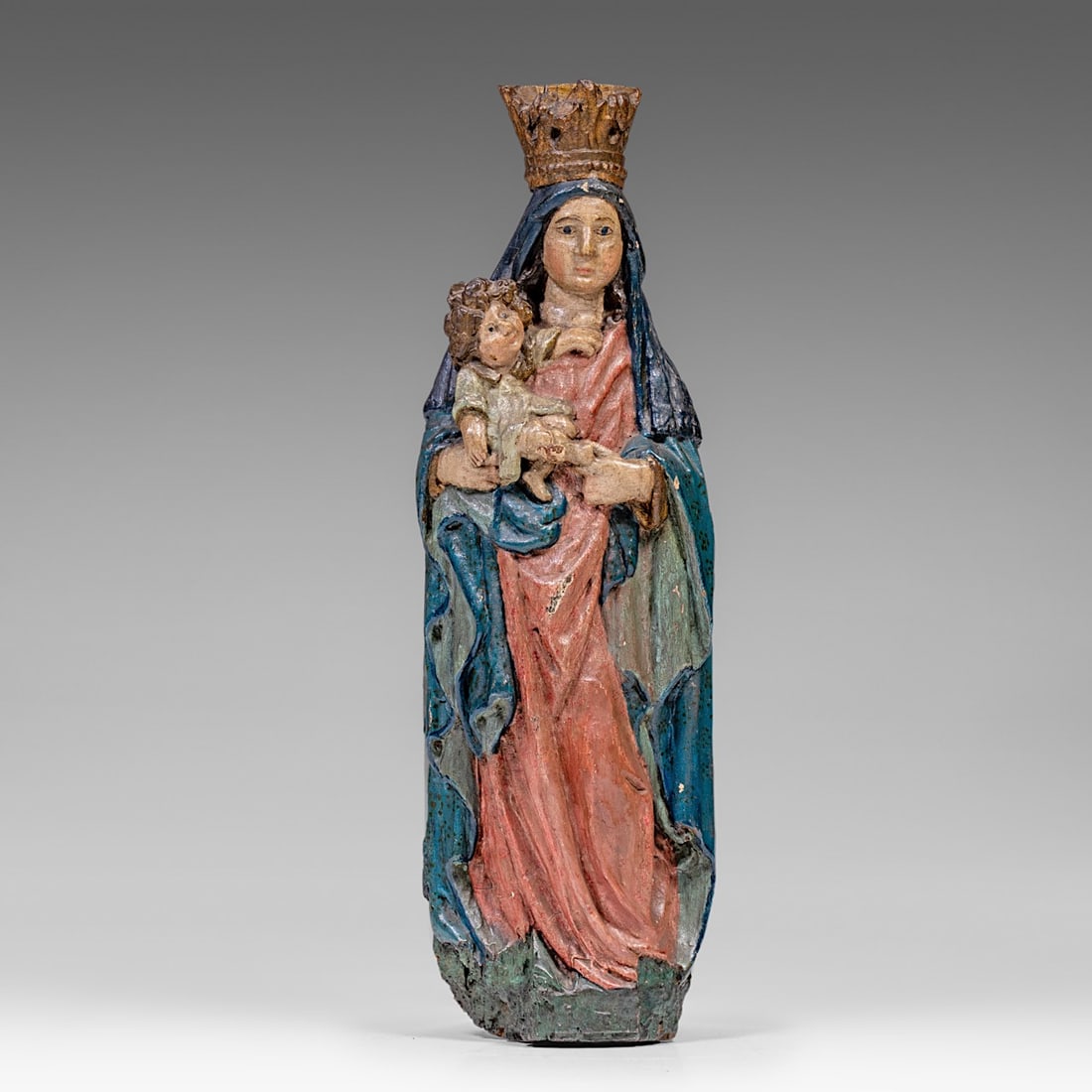 A polychrome wooden Madonna holding the Holy Child, 16thC, H 87 cm (1 of 9)