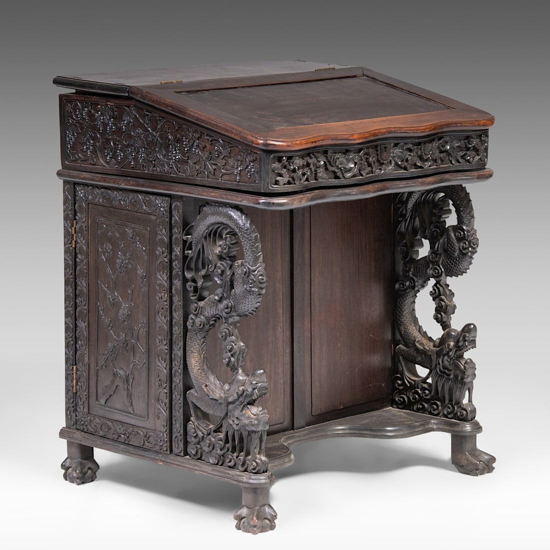 A compact South Chinese carved hardwood writing desk, 19thC, H 83 - W 66 - D 62 cm (1 of 10)