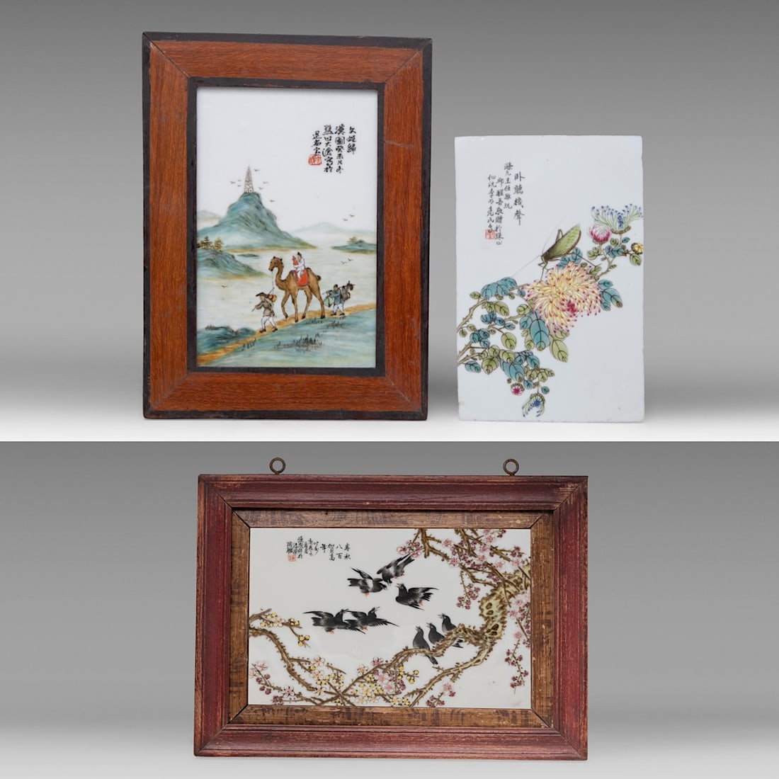 Three Chinese enamelled and signed porcelain plaques, signatures reading Wang Da Cang/ Li Ming (1 of 10)