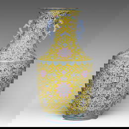 An imposing Chinese famille jaune 'Scrolling Lotus' vase, paired with dragon handles, late 19thC, H