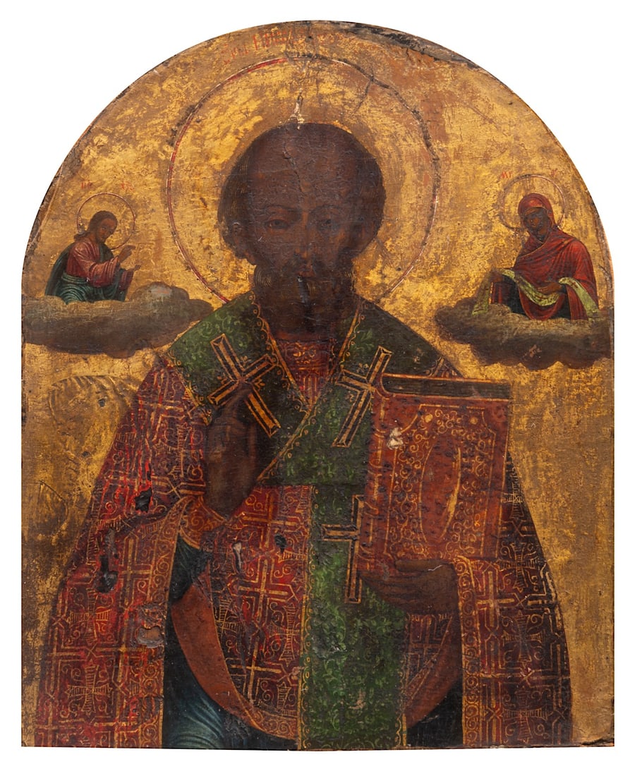 A Russian icon of Saint Nicolas le Thaumaturge, 17thC Moscow School 38 x 31 cm. (14.9 x 12.2 in.), (1 of 5)
