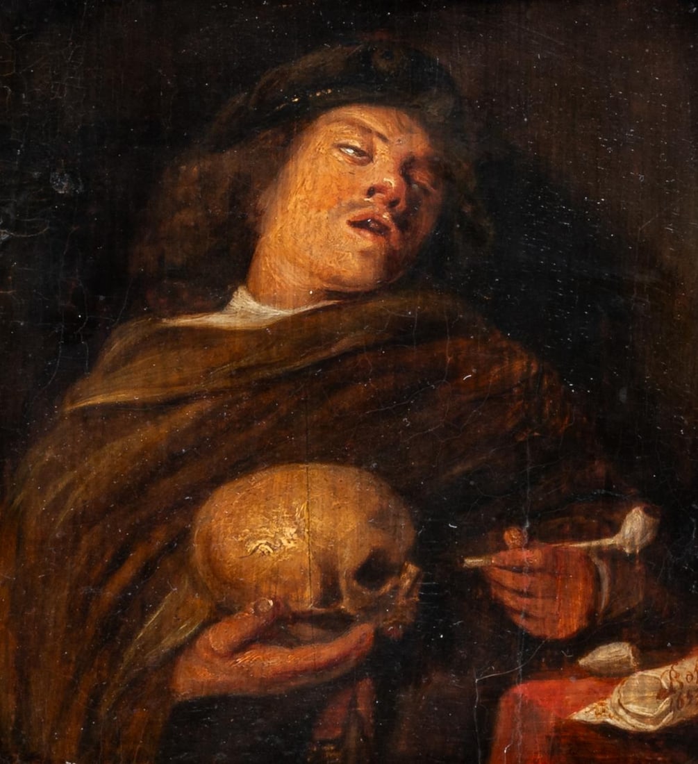 Attrib. to Ferdinand Bol (1616-1680), vanitas with man holding a skull and a pipe, 1653, oil on oak: Attrib. to Ferdinand Bol (1616-1680), vanitas with man holding a skull and a pipe, 1653, oil on oakSigned to the bottom right corner 'Bol, 1653'. The composition is known to be by Joos van Craesbeeck