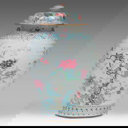 An unusually large Chinese famille rose 'Peony Garden' baluster vase and cover, 18thC/ Yongzheng