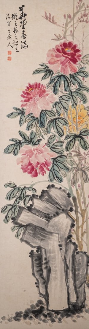 A Chinese 'Flower Garden' scroll painting, colour on paper, signature reading Chen Banding, 145 x 41: A Chinese 'Flower Garden' scroll painting, colour on paper, signature reading Chen Banding, 145 x 41 cmA Chinese 'Flower Garden' scroll painting, colour on paper, signature reading Chen Banding, 145 x