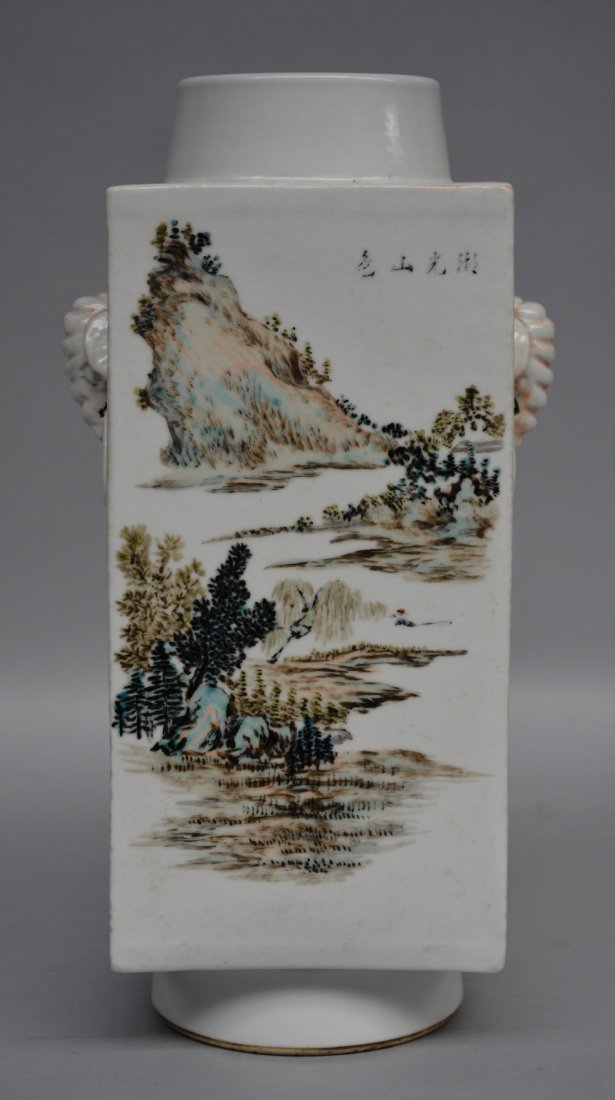 A Chinese quadrangular polychrome vase, decorated with (1 of 7)