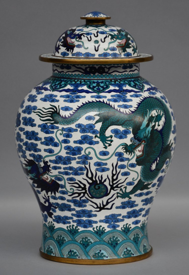 A Chinese blue and green cloisonnÃ© vase and cover, (1 of 1)