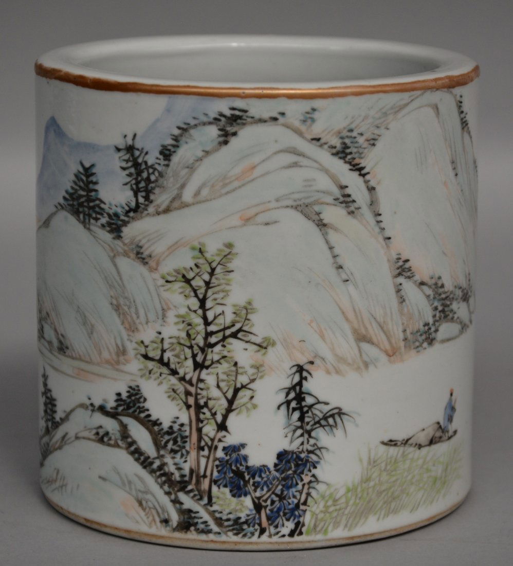 A Chinese polychrome decorated brush pot, decorated (1 of 7)