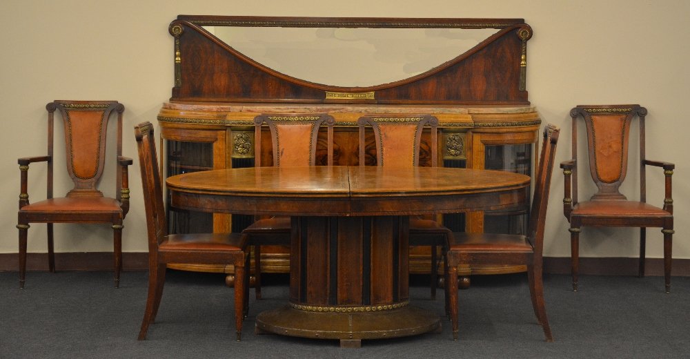 An exceptional dining room set "De Coene" - Courtrai, H: An exceptional dining room set "De Coene" - Courtrai, H 155 - W 229 - D 59 cm (dresser), H 77,5 - W 181 - D 120 cm (table), H 103 cm (four chairs), H 104 cm (two armchairs)