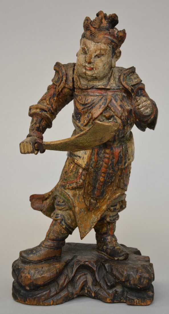 A Chinese polychrome wooden temple guard, 18thC, H 38 (1 of 6)