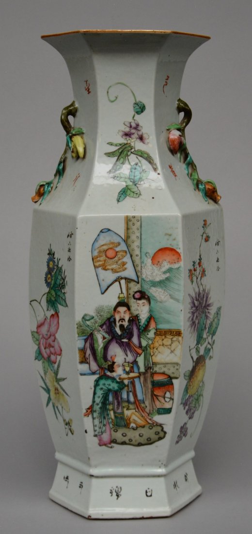 A Chinese hexagonal vase with relief decoration (1 of 6)