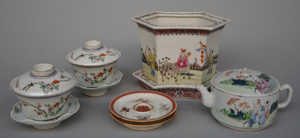 A Chinese polychrome decorated tea set, including a (1 of 8)