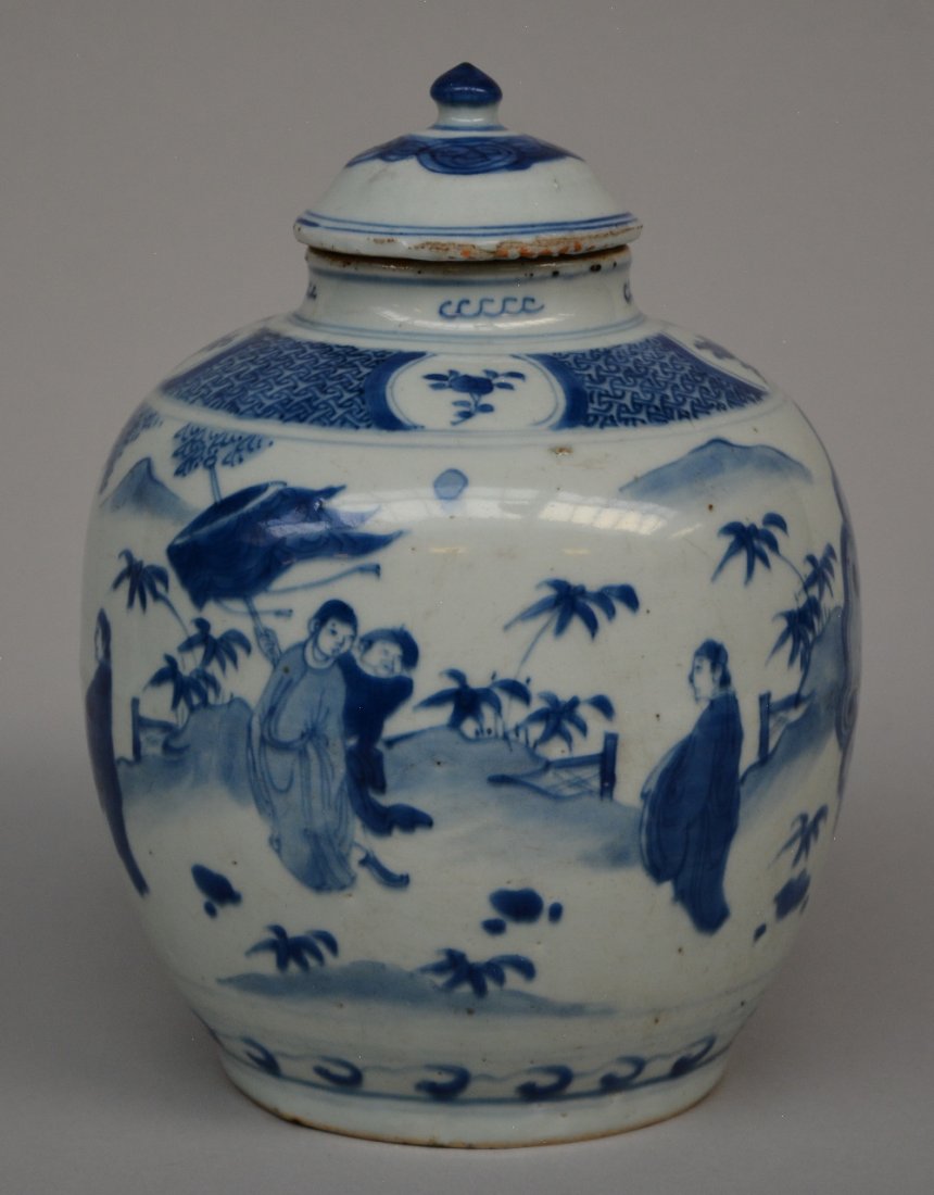 A Chinese blue and white pot with cover, painted with (1 of 8)