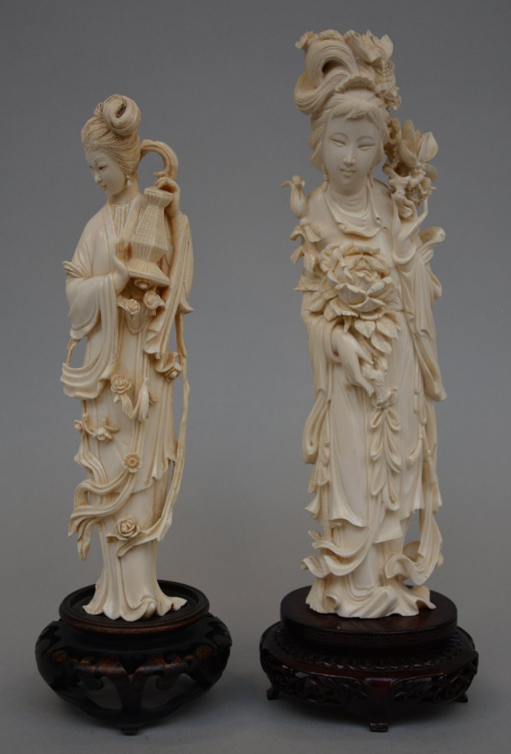 Two Chinese ivory beauties, on a fixed wooden base, (1 of 6)