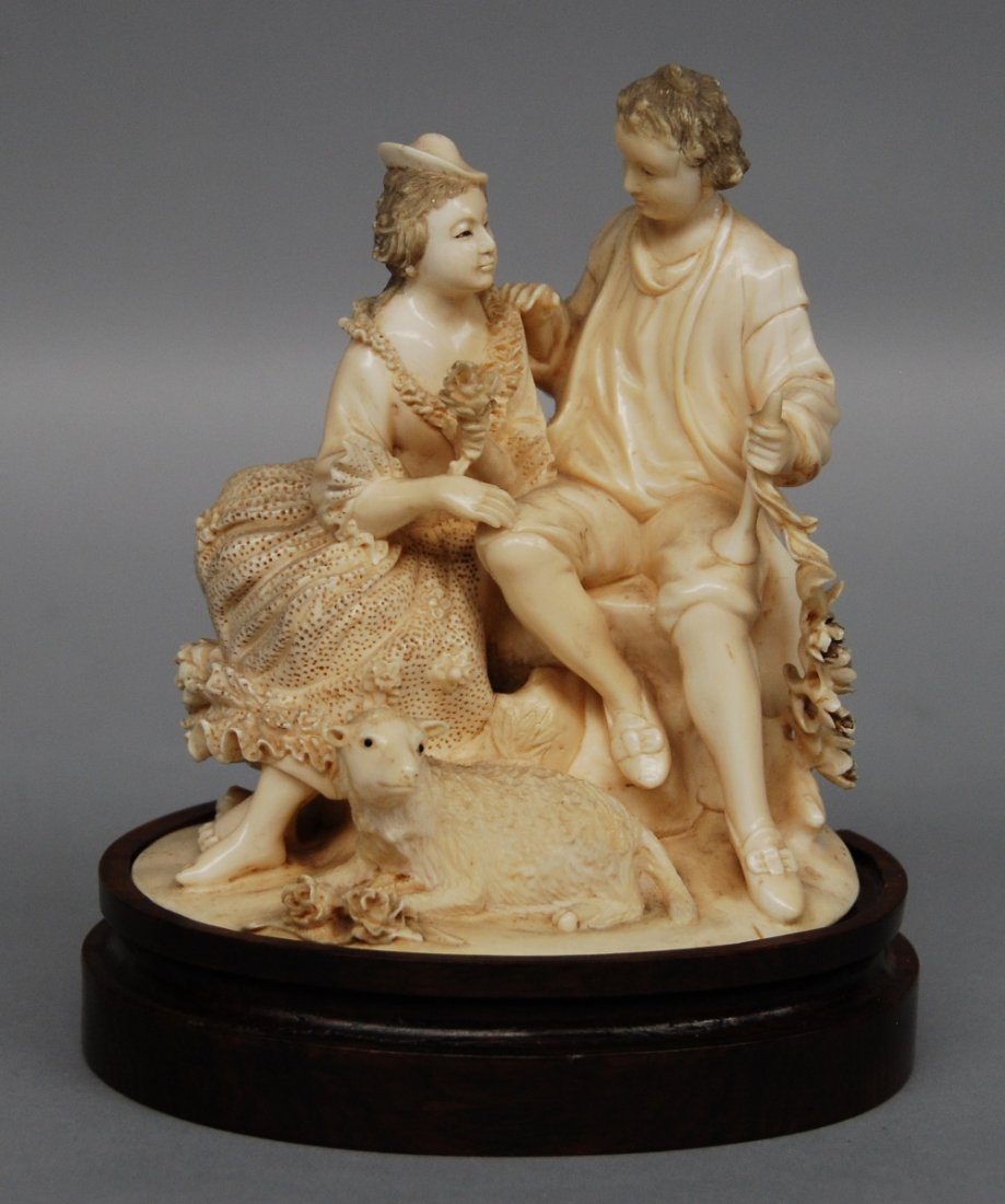 A romantic ivory carved group on a wooden base, H 17 cm (1 of 7)