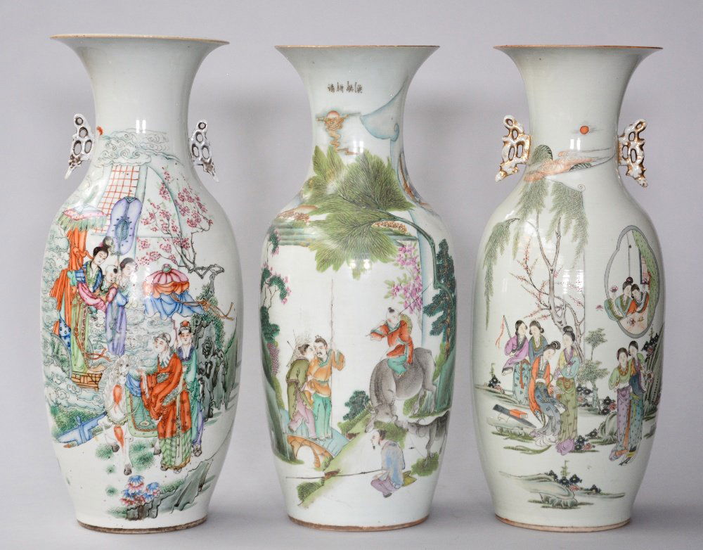 Three Chinese vases, polychrome decorated with various (1 of 8)