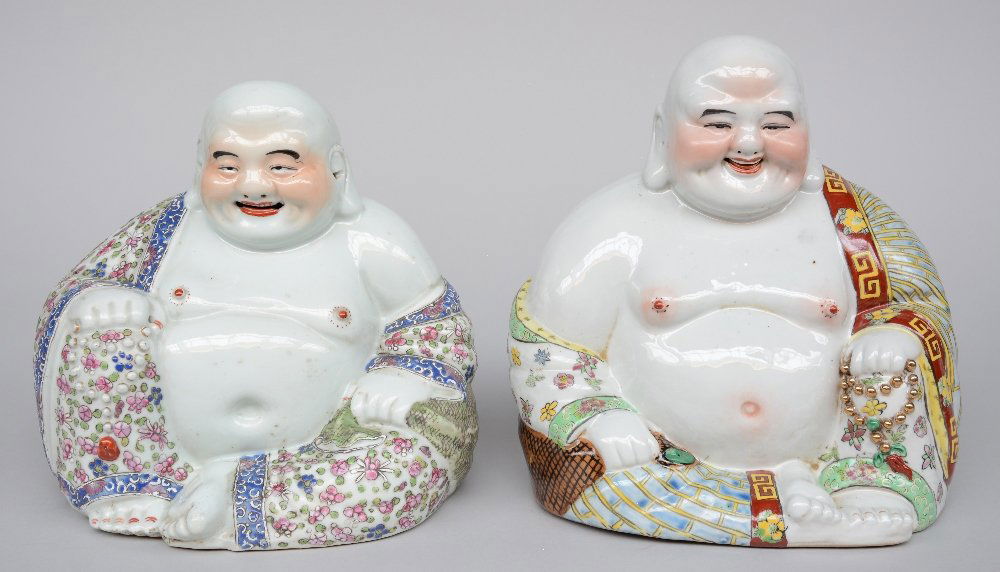 Two Chinese polychrome Budai, marked, H 25,5 - 28,5 cm (1 of 7)