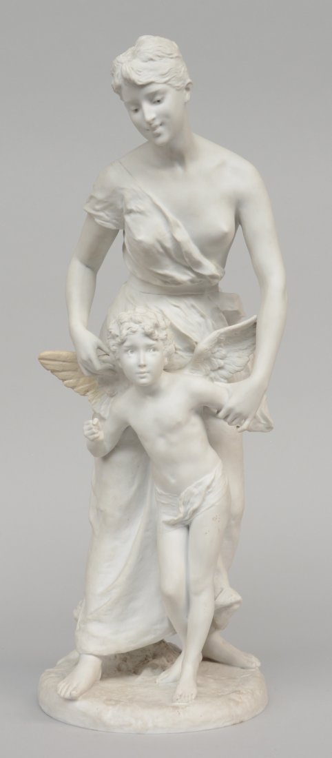 Levasseur H., a romantic figural group, biscuit, H 59: Levasseur H., a romantic figural group, biscuit, H 59 cm (one wing with restoration)