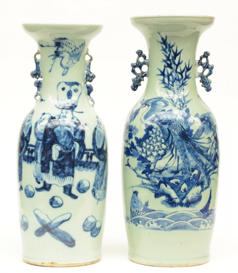 Two Chinese celadon ground blue and white vases, one (1 of 6)