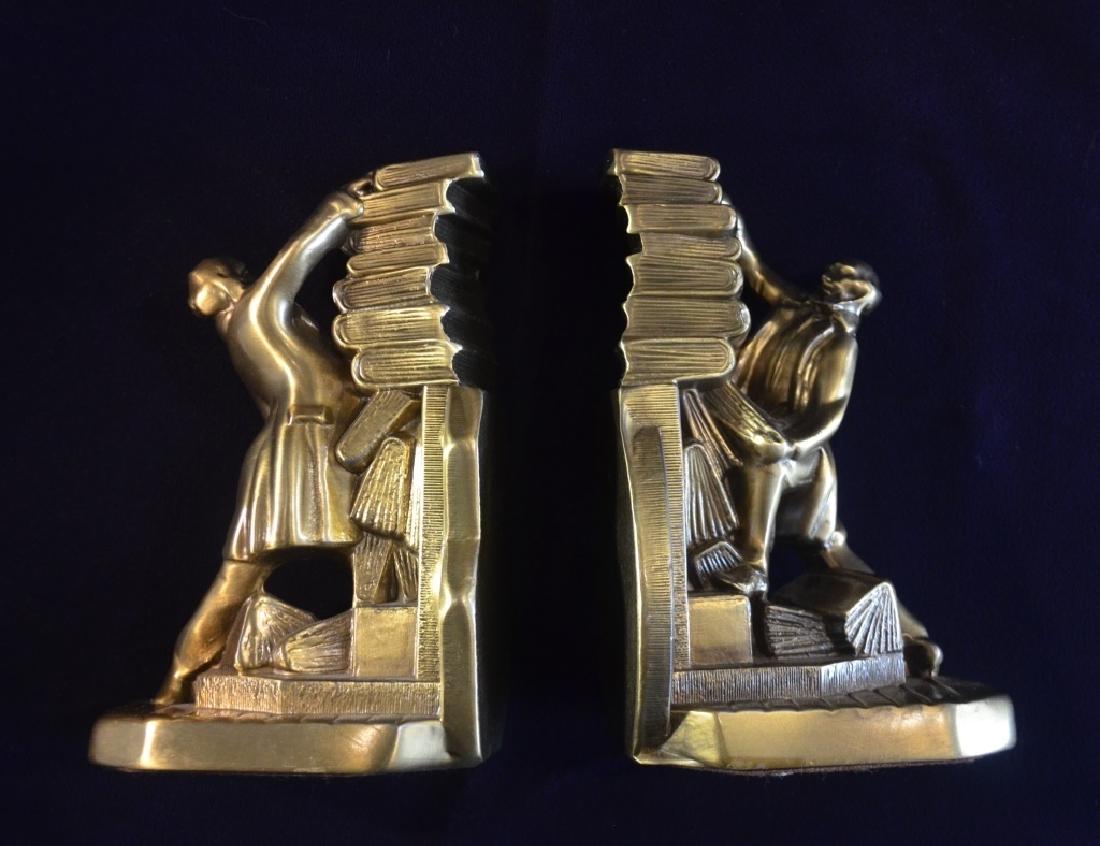 Pair of Brass Bookends of Men with Stacks of Books (1 of 7)