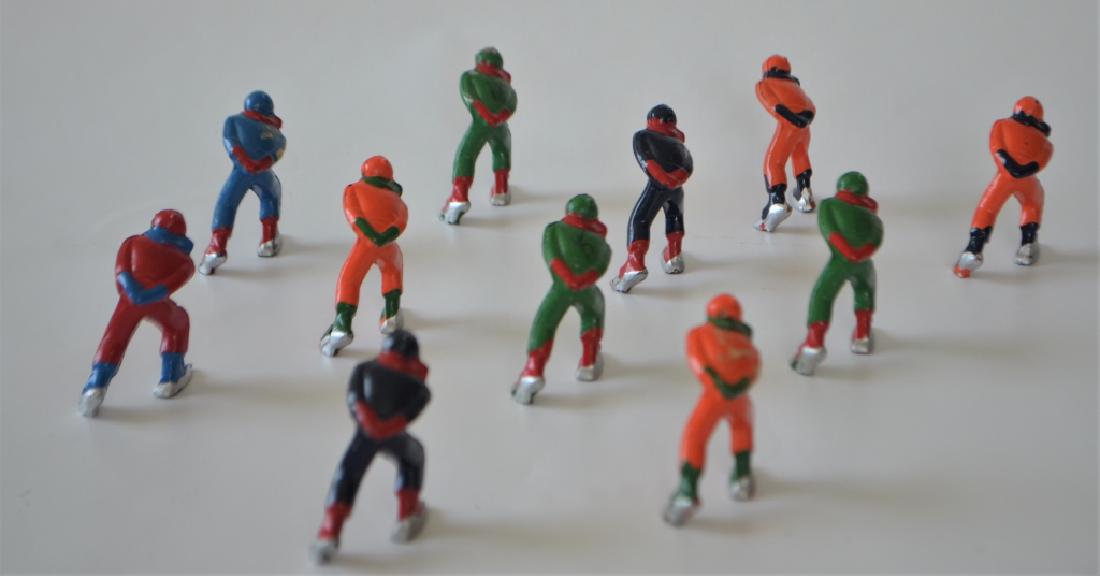 Vintage Barcley Lead Toy Skiers and Skaters: 28 pieces pieces total. Very minor paint loss. In excellent condition. Made in the USA.