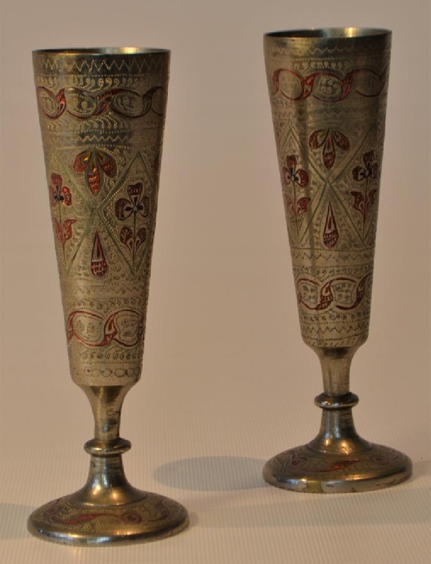 Pair of Turned Steel Goblets with Enamel Accents