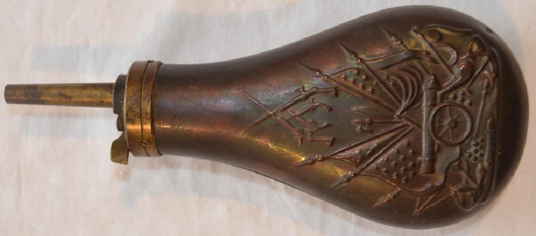 Antique Gunpowder Flask: Brass and Leather. In good condition.